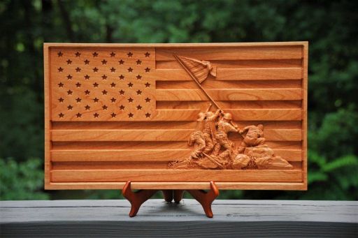 US flay with Iwo Jima flag raising carving