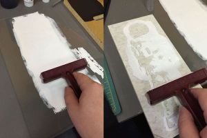 Roll the ink out and then roll in onto the block.
