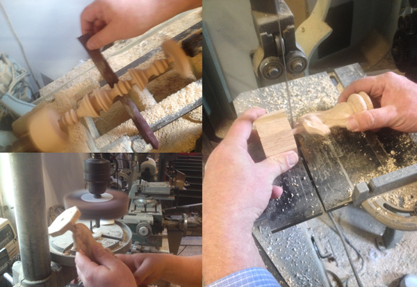 Sanding on the lathe (top left), Sanding on sanding mop (bottom left), cutting out the pieces on a the band saw.